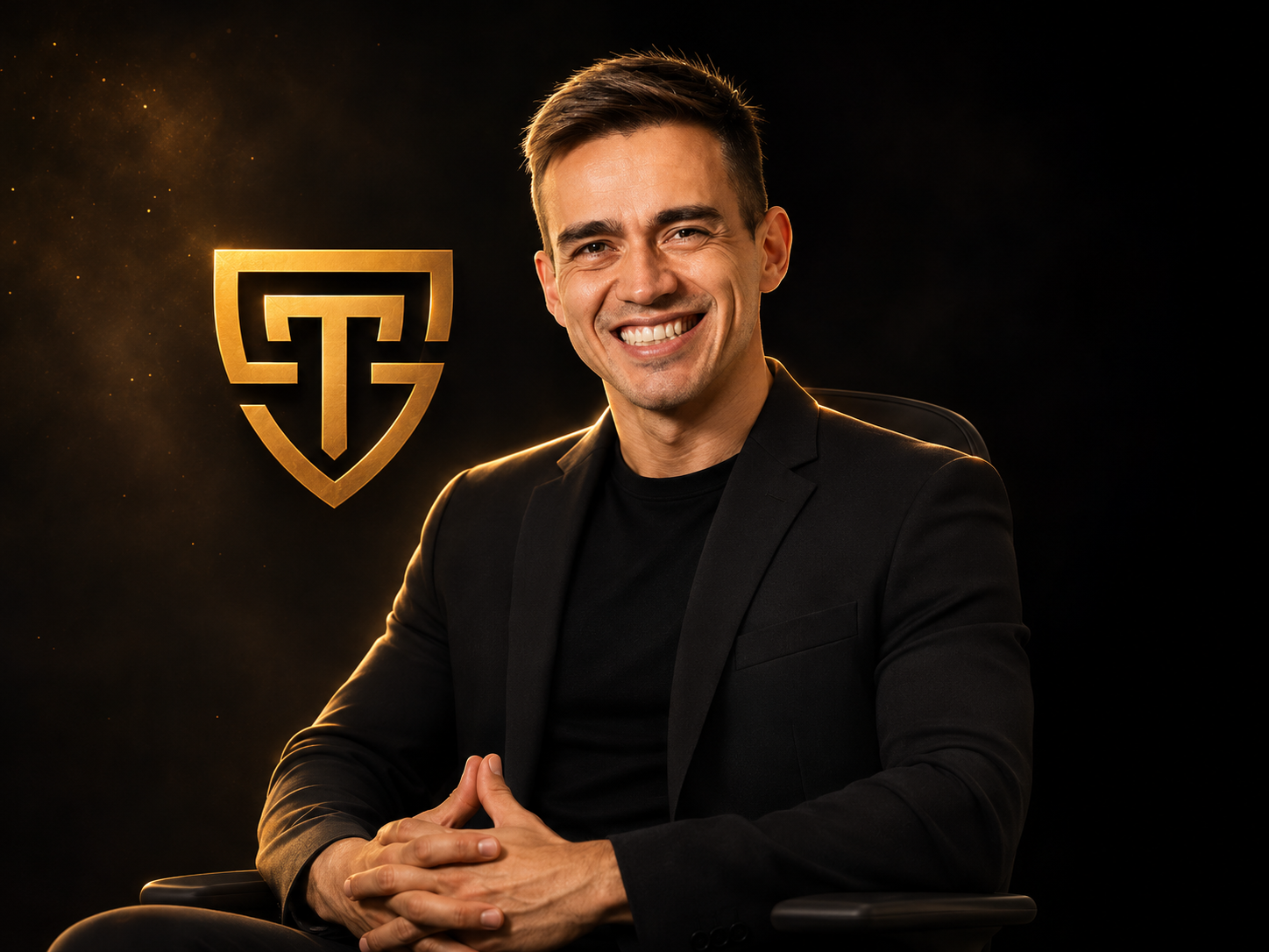 Thales Starling sorrindo, de blazer preto, ao lado do escudo dourado com a letra T